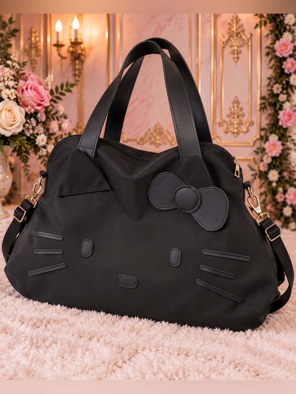 Hello Kitty Black Oversized Weekender Tote Bag – Large Travel Shoulder Bag
